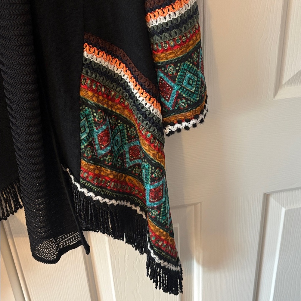 NWT ADORE Brand Bohemian Black Open Front Cardigan with Gorgeous Colorful Trim - Picture 7 of 17